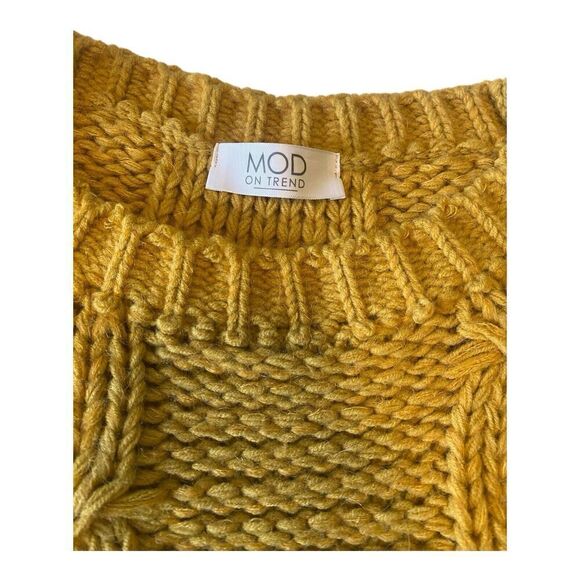 MOD Womens Oversized Cable-Knit Yellow Cropped Knit Sweater Fringe One Size - Picture 4 of 9